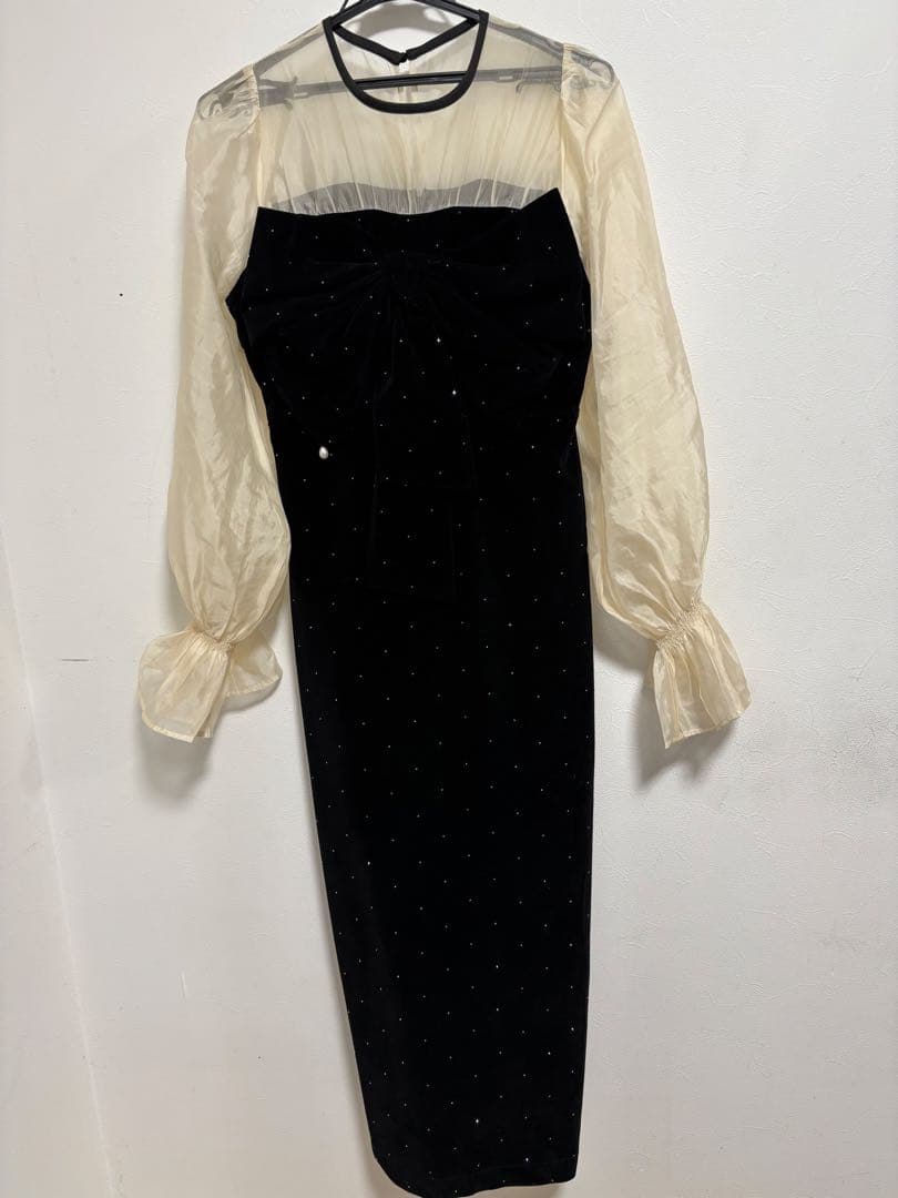 Chicoオケージョンドレス　配色シアーリボンベロアワンピース　ブラック系