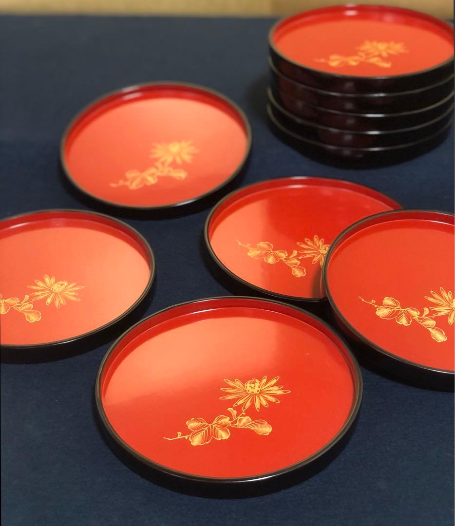 《レ》黒内朱 沈金菊図 丸盆10客 木製漆器 251125え6