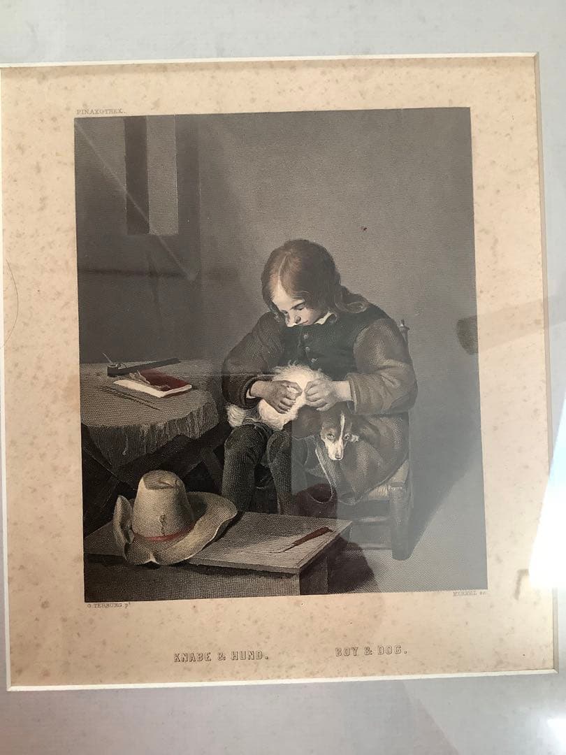 19世紀　版画　少年とハウンドドッグ
