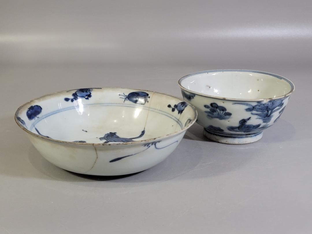 中国 古染付 水鳥 碗 馬絵 皿 二件 古美術 DT249