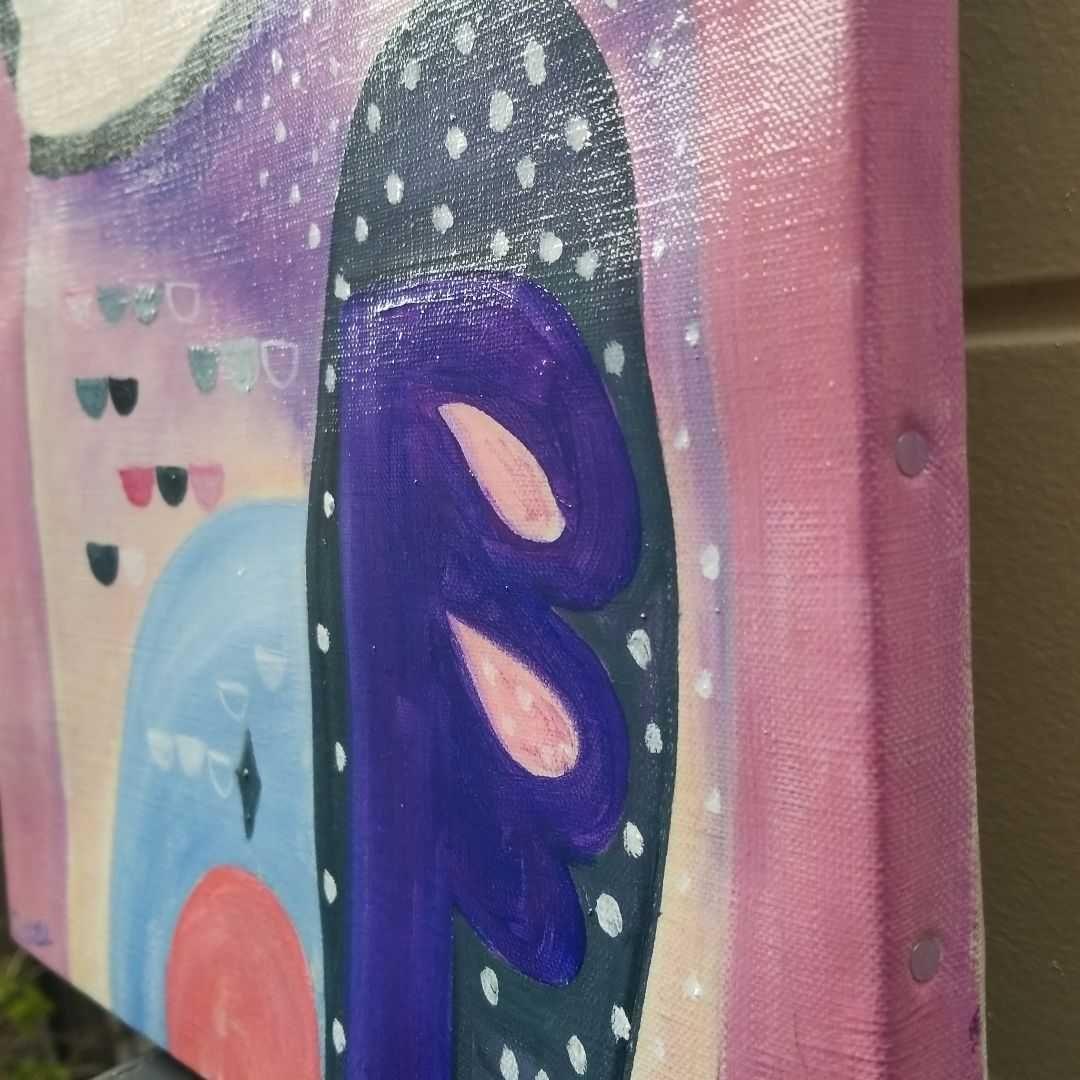 キャンバス油絵　シー　横顔もかわいい福を呼ぶふくろう　おもしろ現代アート風