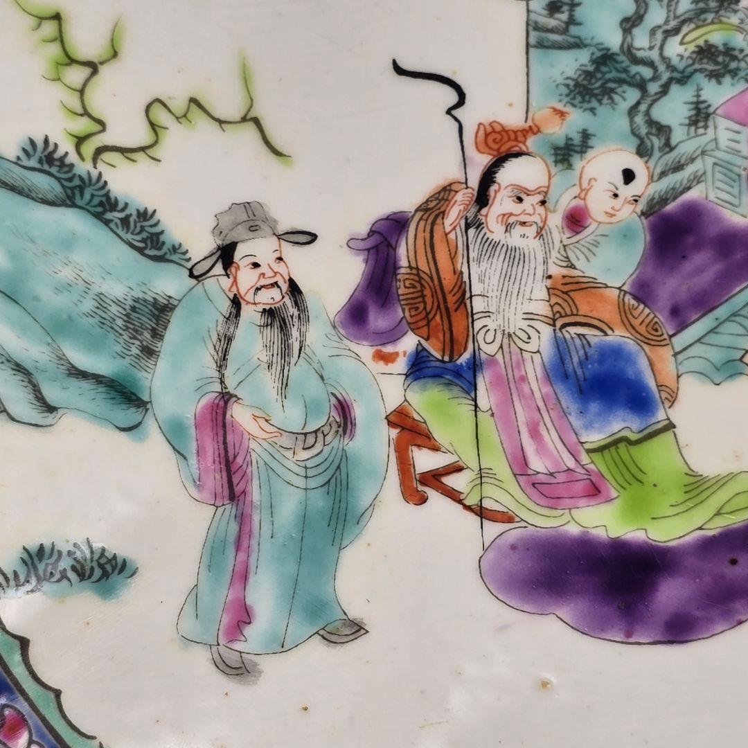 骨董 中国古磁 粉彩 手絵 絡枝花卉紋 三星送子図 如意大皿 清同治在銘 超美品