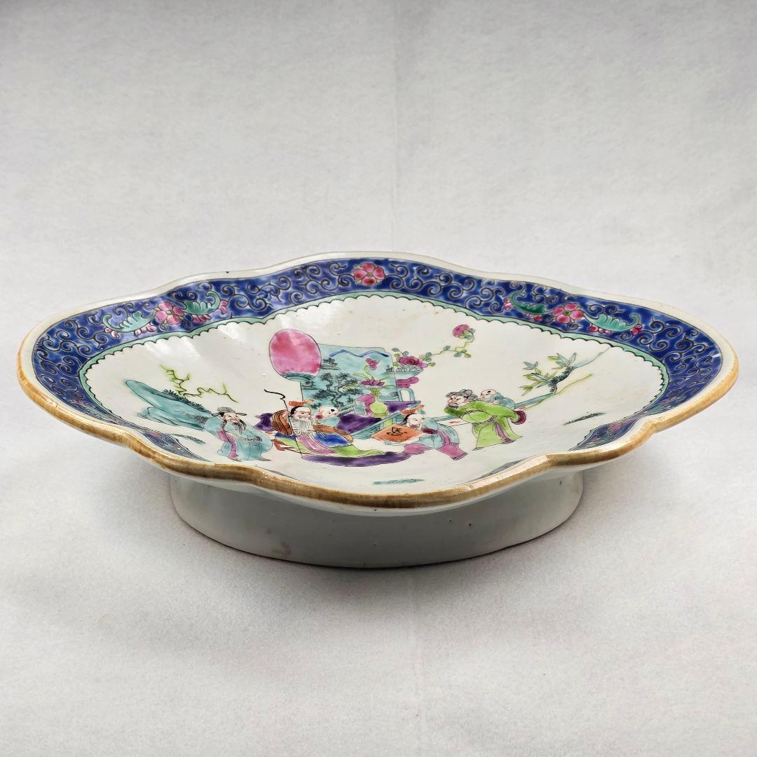 骨董 中国古磁 粉彩 手絵 絡枝花卉紋 三星送子図 如意大皿 清同治在銘 超美品