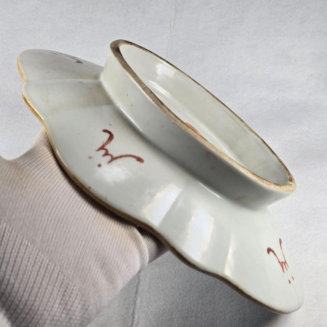 骨董 中国古磁 粉彩 手絵 絡枝花卉紋 三星送子図 如意大皿 清同治在銘 超美品