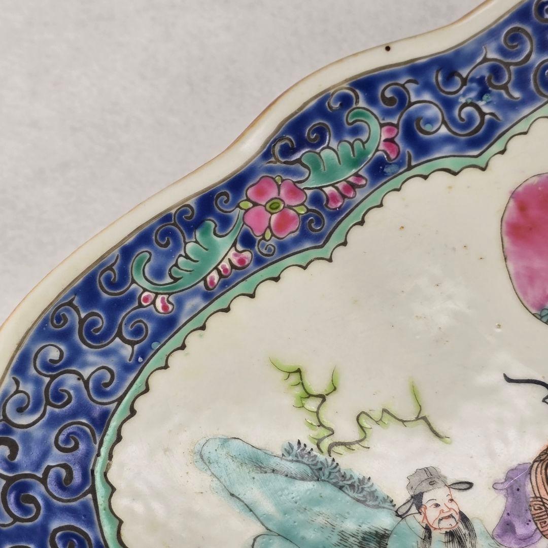 骨董 中国古磁 粉彩 手絵 絡枝花卉紋 三星送子図 如意大皿 清同治在銘 超美品