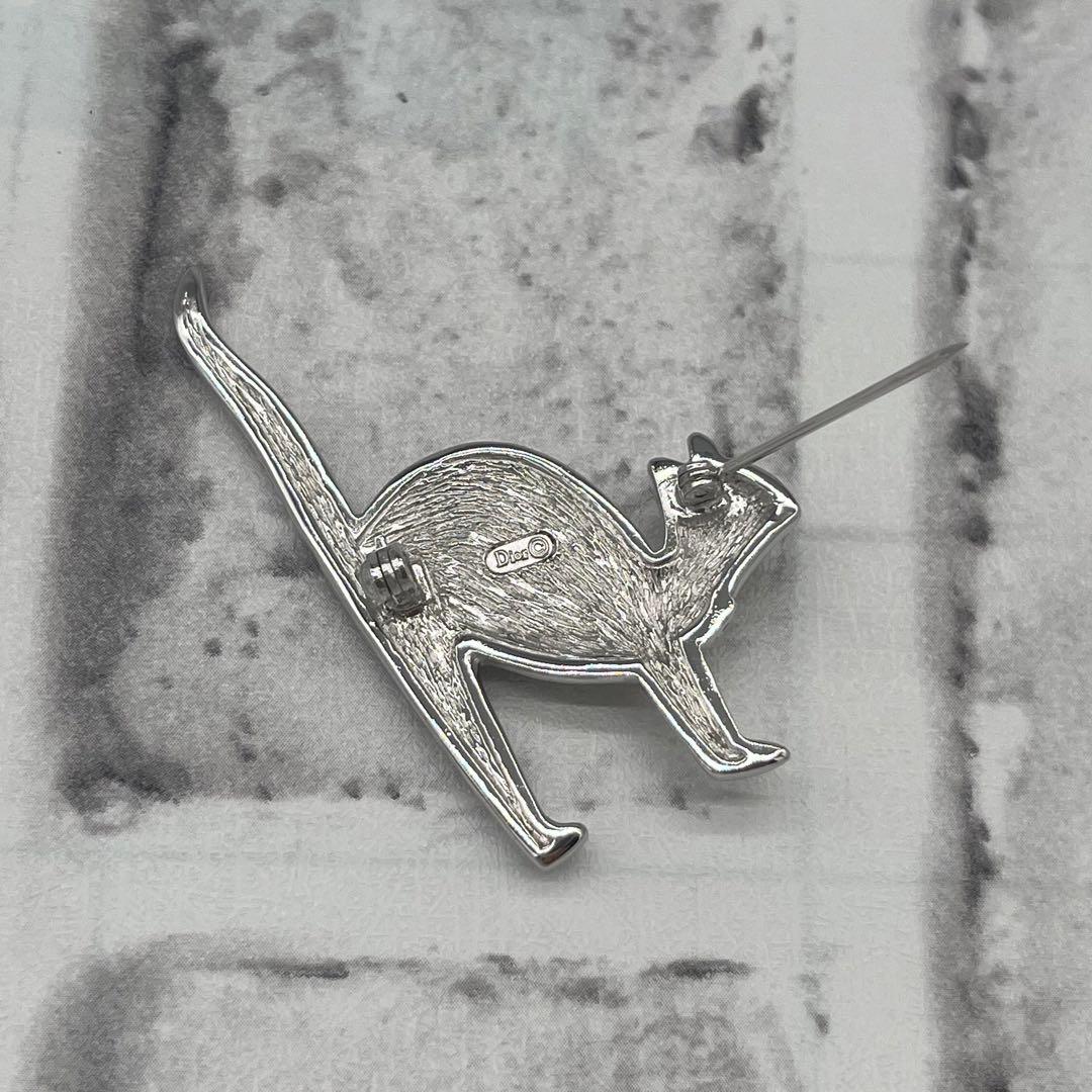 【極美品】ディオール キャットモチーフ シルバー　ラインストーン ブローチ