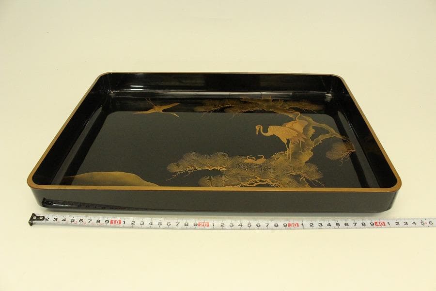 松上鶴蒔絵 四方盆 時代物(A981)