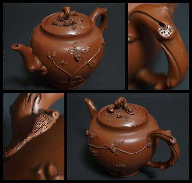 煎茶道具 萬寶款 粟鼠葡萄壺 細工彫り 後手紫砂壺 万宝造朱泥 急須茶器 茶道具