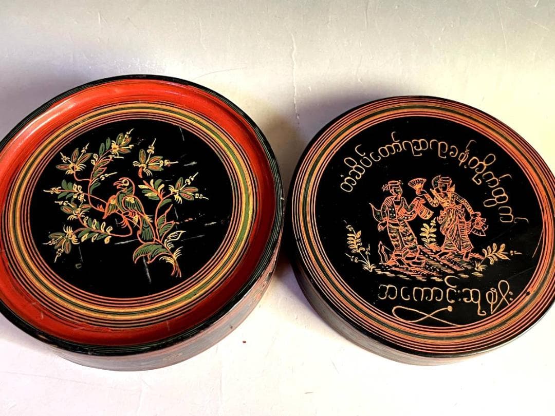 蓋物■キンマの丸函 真心 昇造物？ 太宝 丸香合 丸箱 踊る女性人物絵 骨董品■