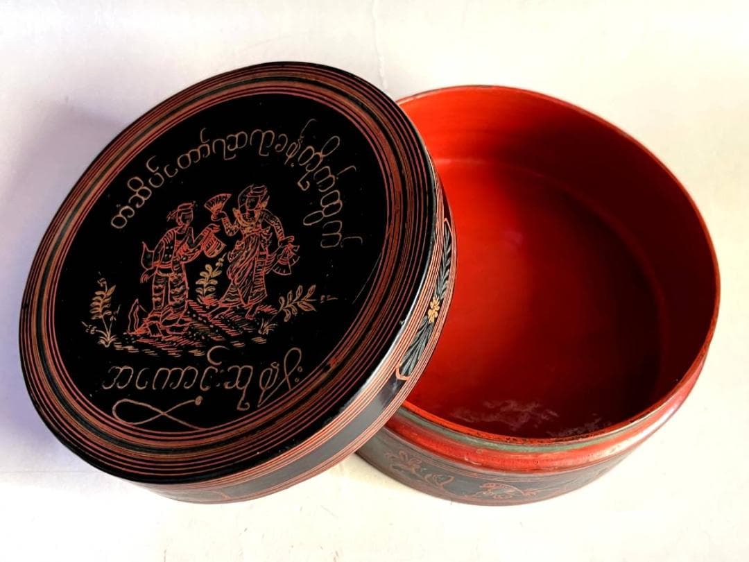 蓋物■キンマの丸函 真心 昇造物？ 太宝 丸香合 丸箱 踊る女性人物絵 骨董品■