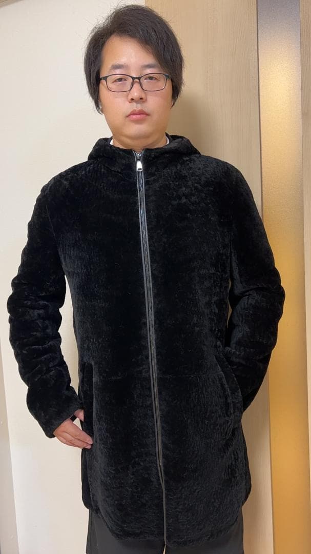新品限定メンズ用★帽子付★ 極上ラムファーコート黒毛皮リアルファーコート 防寒
