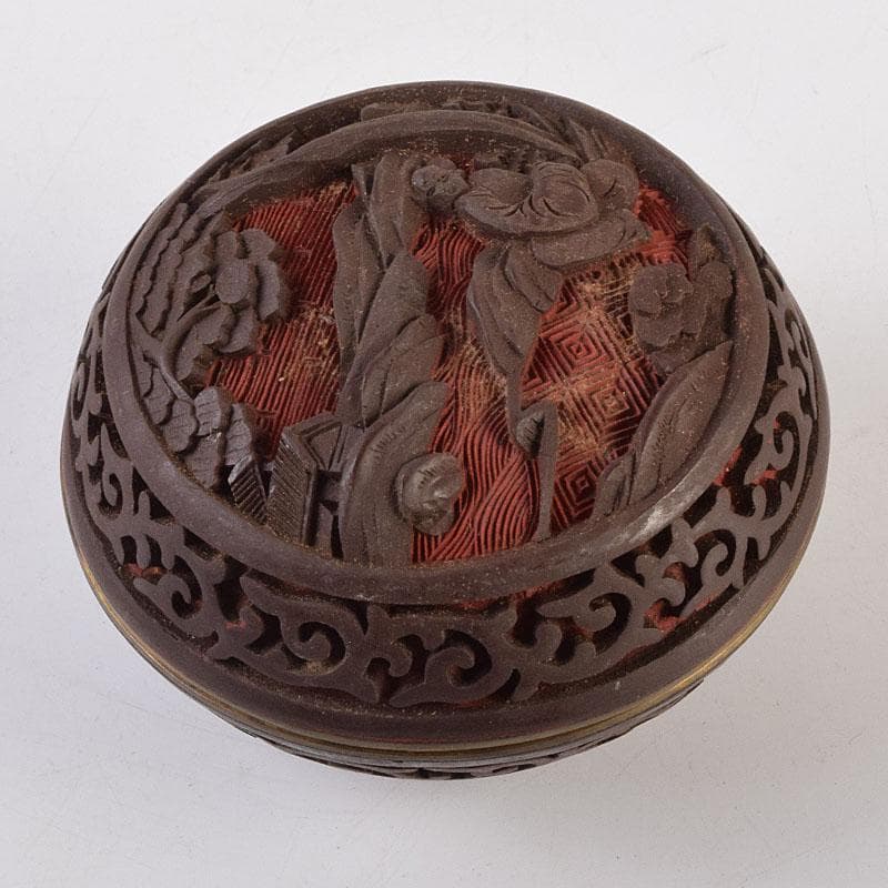 中国　堆朱　堆黒 　内七宝　山水人物文　香合　V　R9265