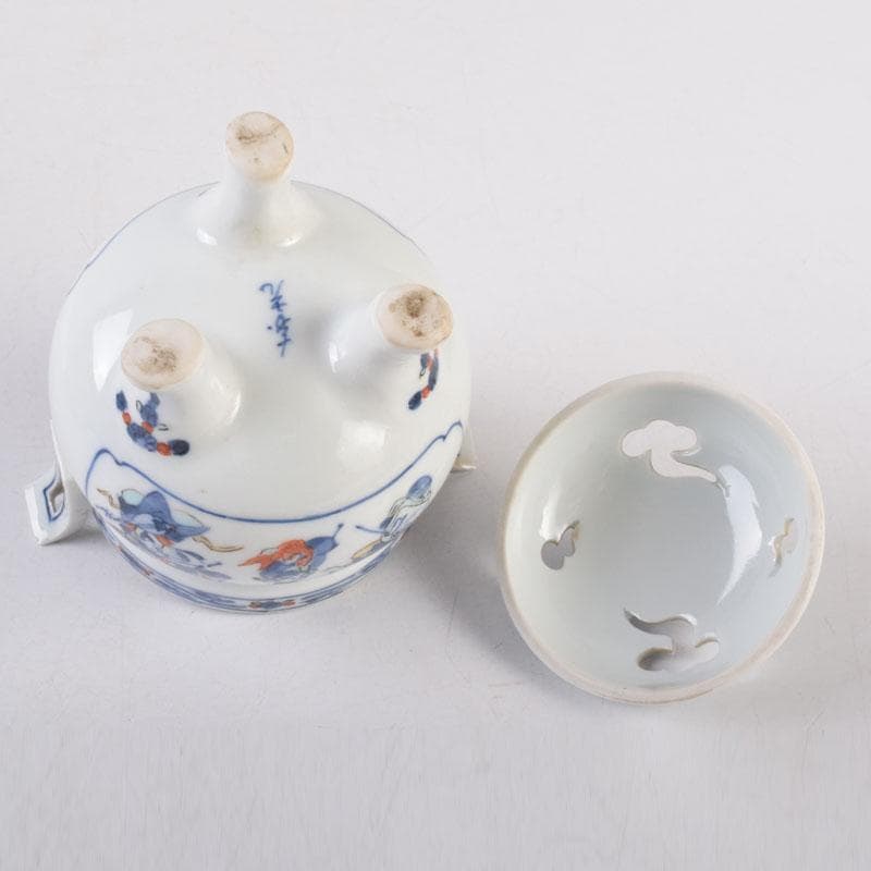 陶芸家　森野嘉光作　染錦　七福神図　双耳香炉　共箱　V　8506