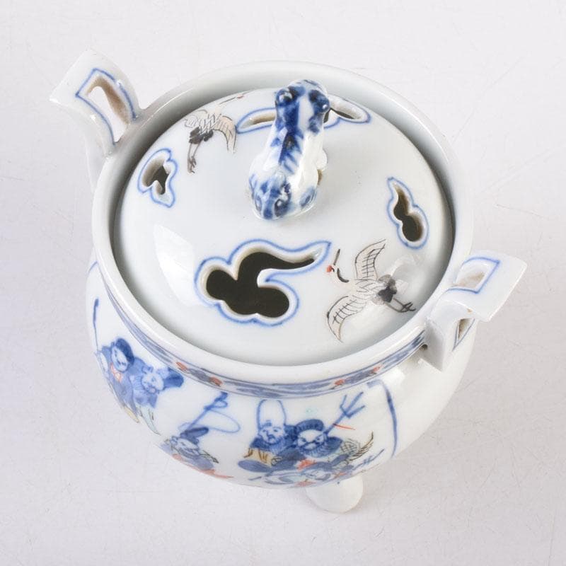 陶芸家　森野嘉光作　染錦　七福神図　双耳香炉　共箱　V　8506