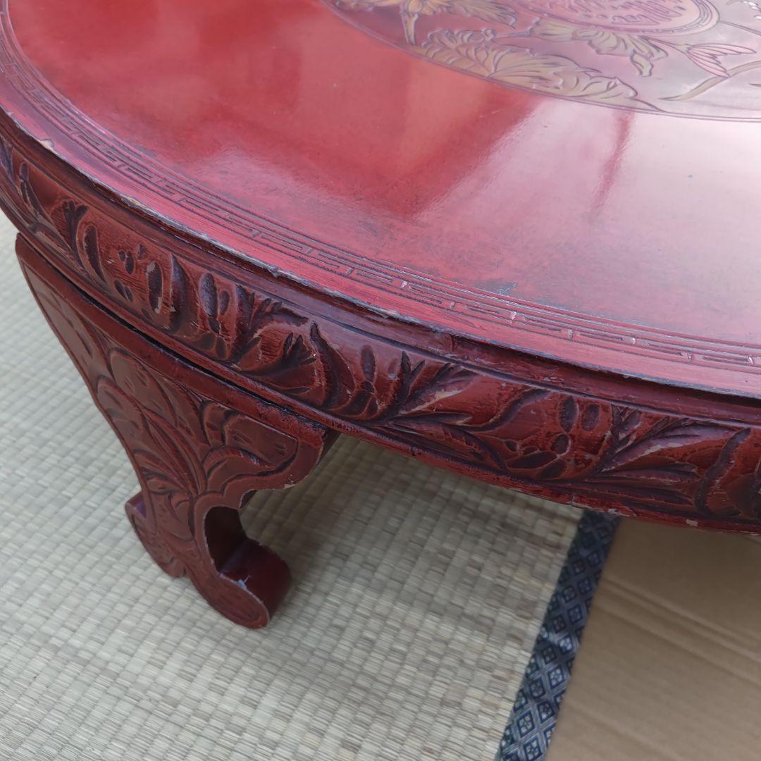 昭和レトロ 大正ロマン 朱色 花柄彫 木製座卓 ちゃぶ台 当時物