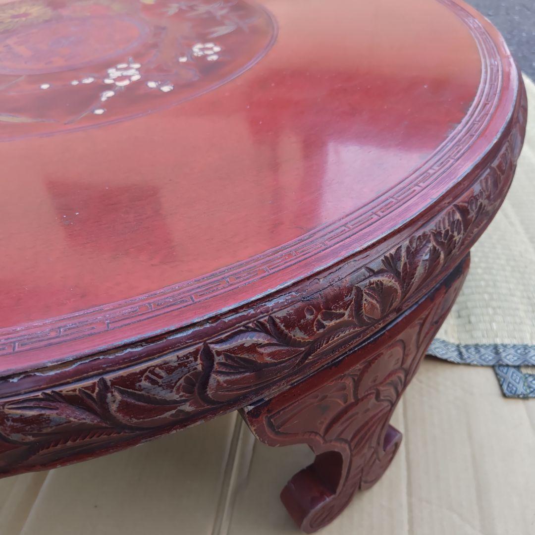 昭和レトロ 大正ロマン 朱色 花柄彫 木製座卓 ちゃぶ台 当時物