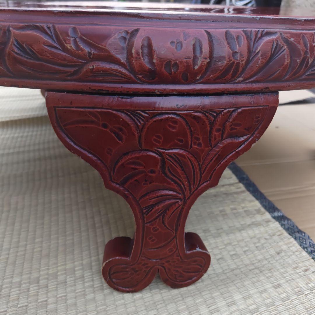 昭和レトロ 大正ロマン 朱色 花柄彫 木製座卓 ちゃぶ台 当時物