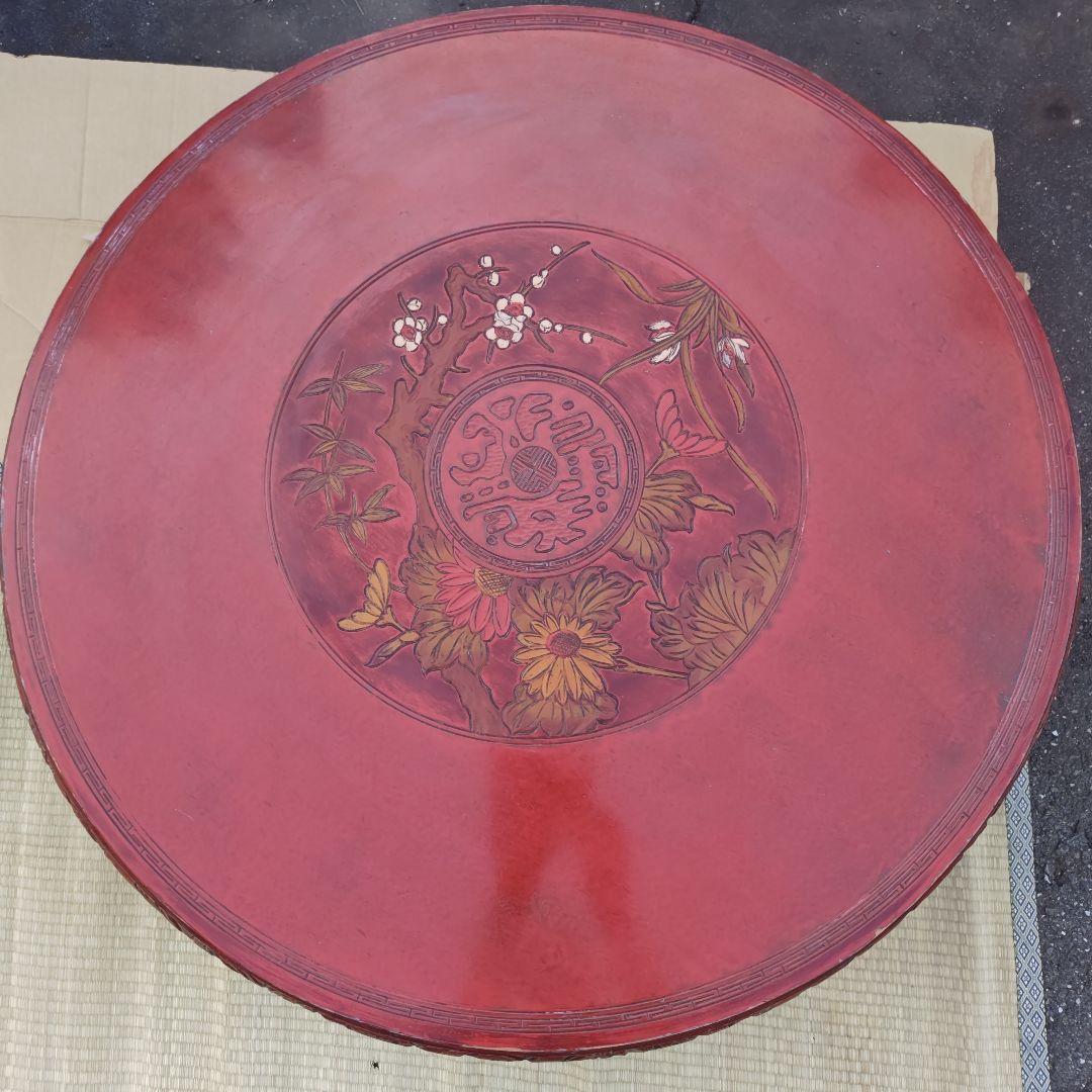 昭和レトロ 大正ロマン 朱色 花柄彫 木製座卓 ちゃぶ台 当時物