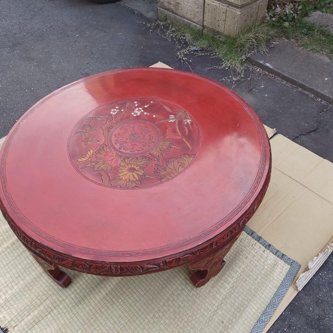 昭和レトロ 大正ロマン 朱色 花柄彫 木製座卓 ちゃぶ台 当時物