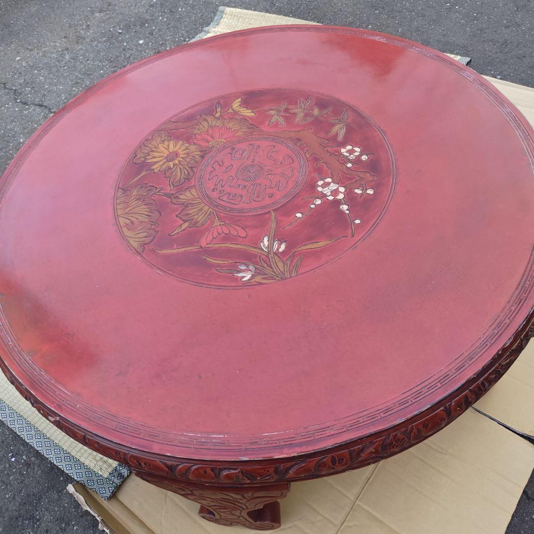 昭和レトロ 大正ロマン 朱色 花柄彫 木製座卓 ちゃぶ台 当時物