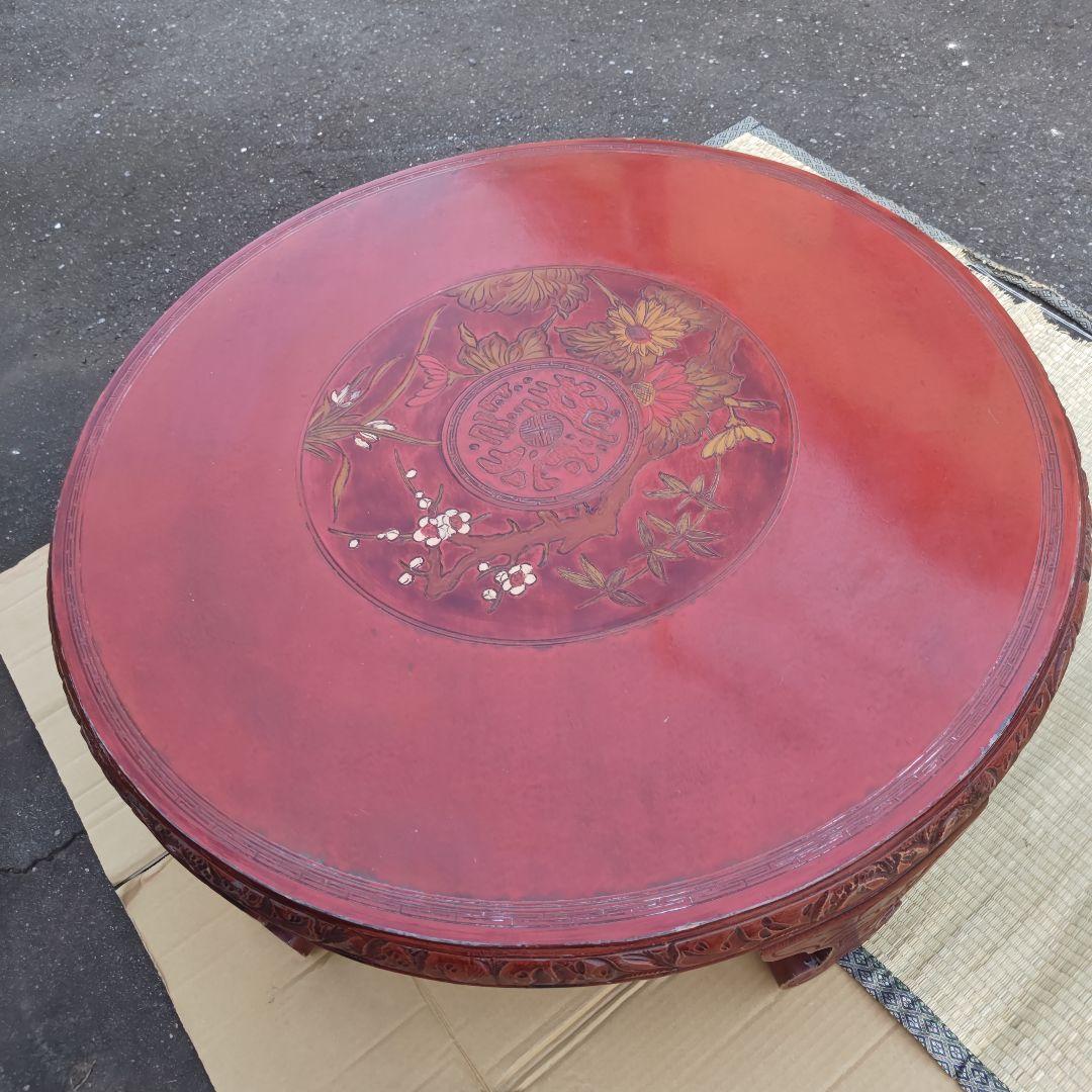 昭和レトロ 大正ロマン 朱色 花柄彫 木製座卓 ちゃぶ台 当時物