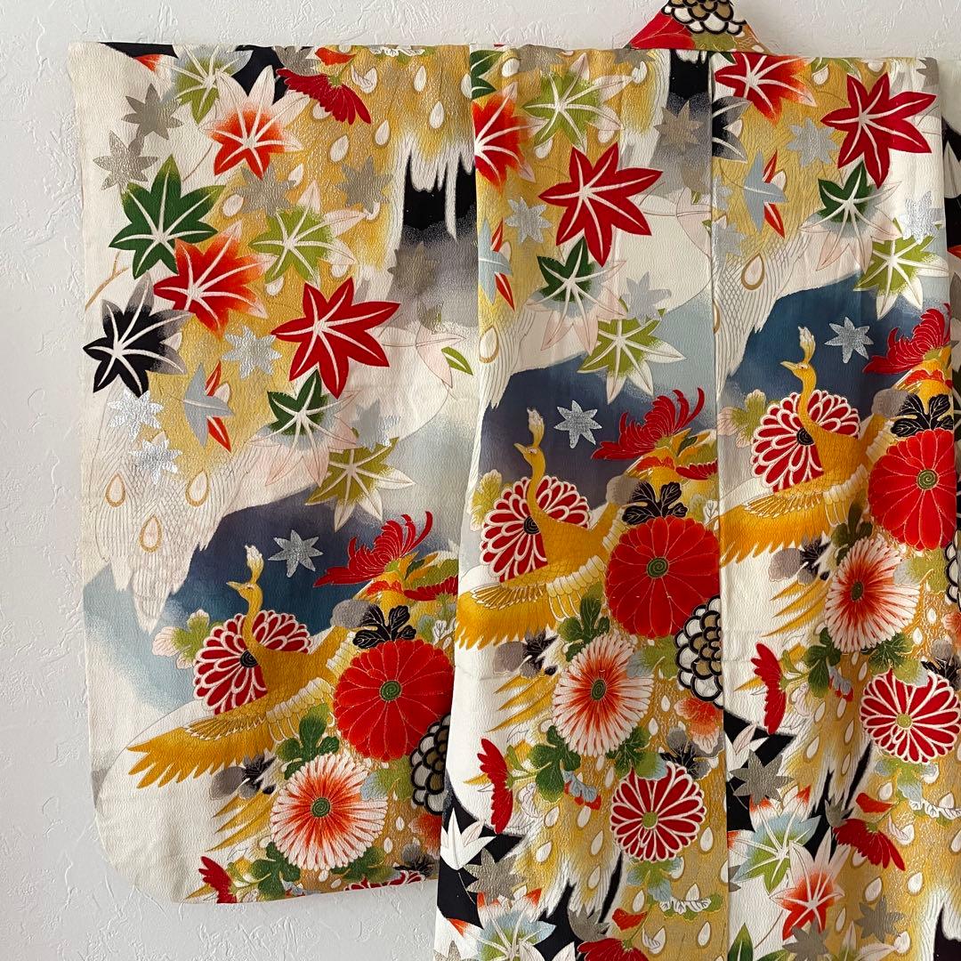 七五三 アンティークお着物セット 5.6歳さん向き　花柄・黒ブーツ　髪飾り付