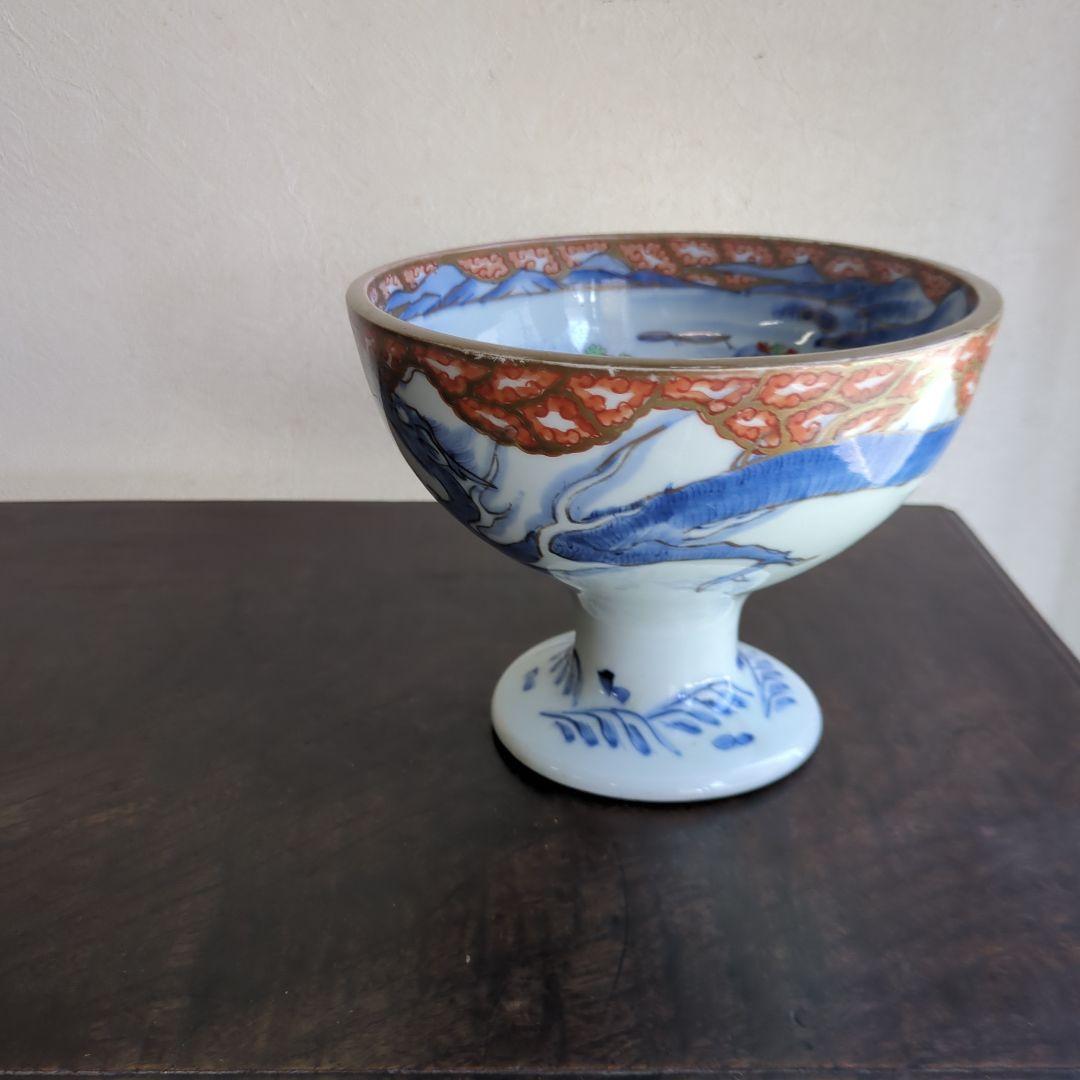 骨董 盃洗 伊万里 染め付け 器 たかつき 山水 龍の図 アンティーク 陶器