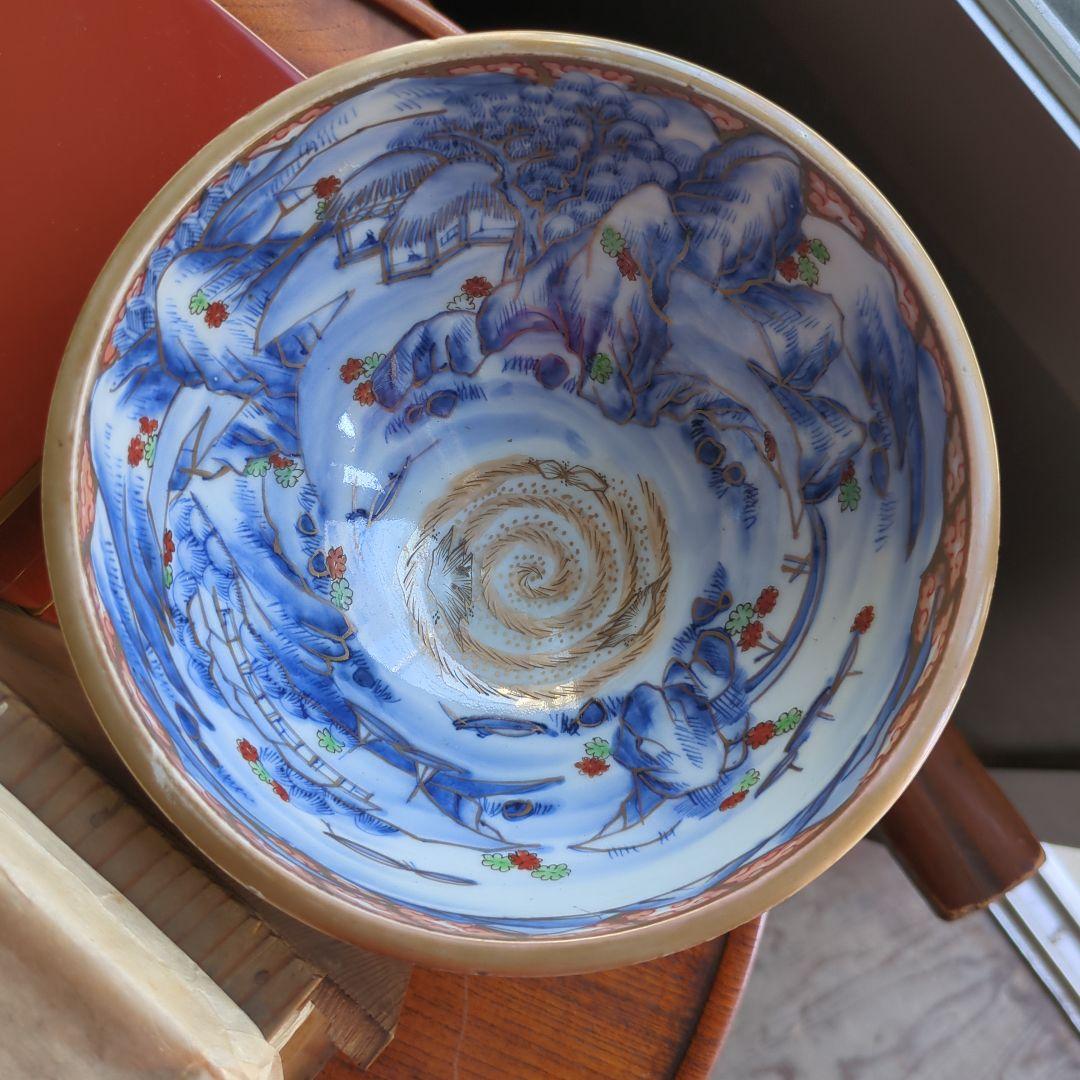 骨董 盃洗 伊万里 染め付け 器 たかつき 山水 龍の図 アンティーク 陶器