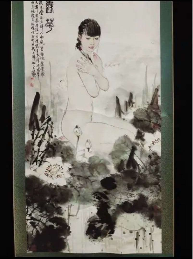 中国現代 人物画 掛け軸｜何家英《露花図》 美人画 水墨彩色｜大幅 中堂 和室