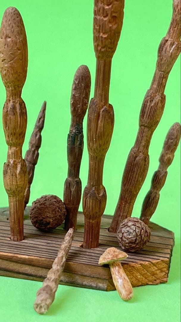 つくし狩り　ススだけ竹細工　スス竹彫刻とかごのセット 高さ10㎝