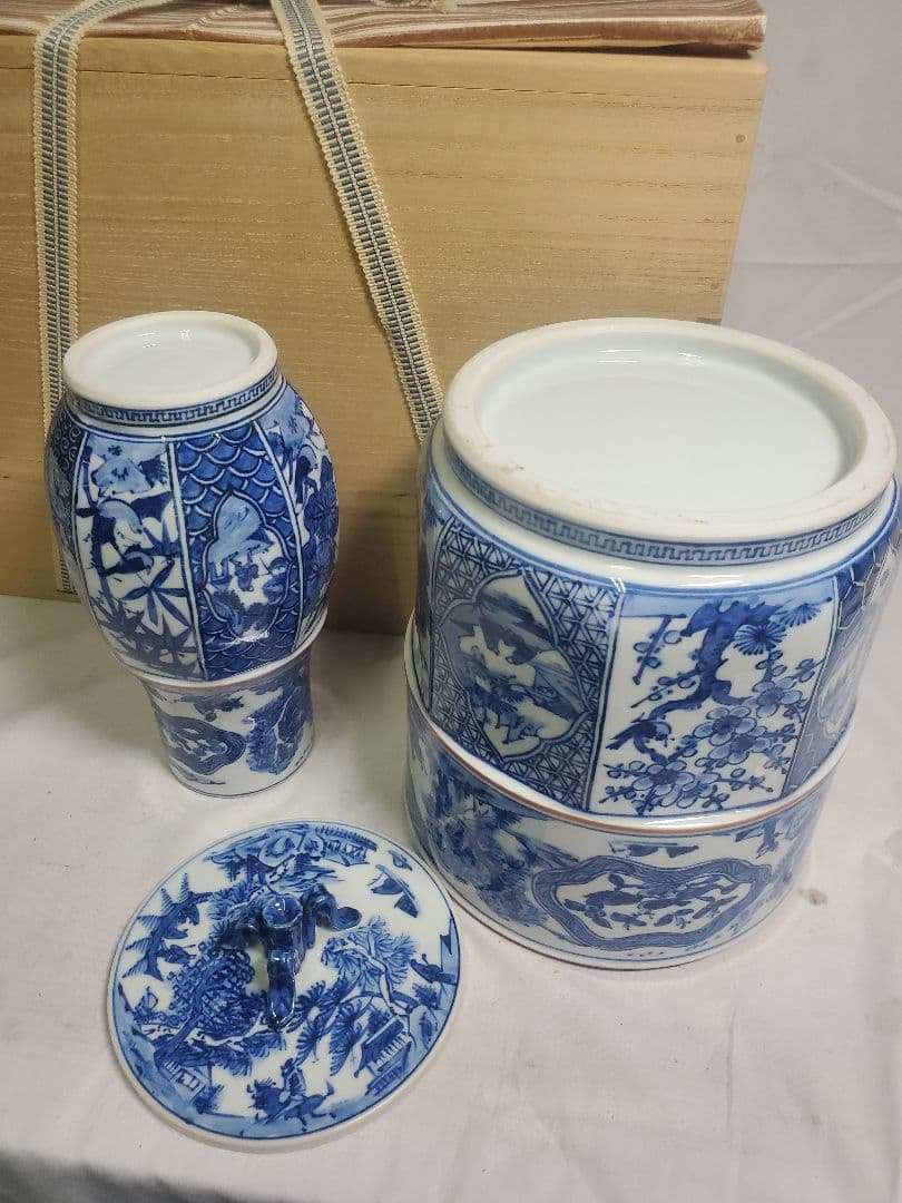 長期保管品　茶道具　皆具　手描き染付面取り　栄泉　共桐箱入　現状で