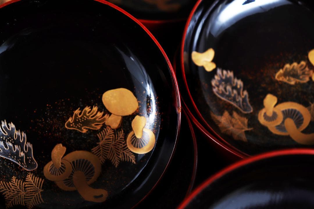 茶道具 見返松茸 蒔絵 吸物椀 十客 木箱 共箱　木製漆器