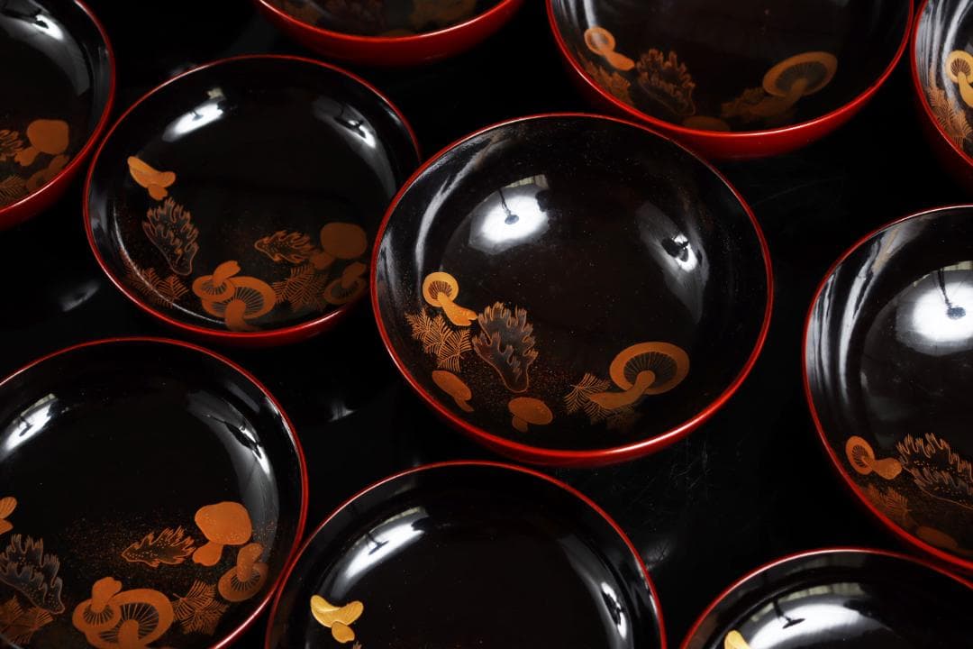 茶道具 見返松茸 蒔絵 吸物椀 十客 木箱 共箱　木製漆器