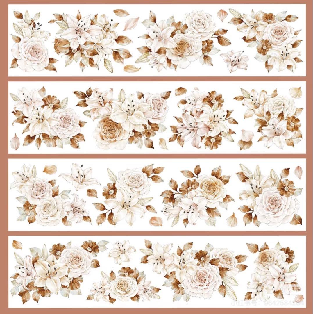 【8787】海外　マステ　5m巻売り　貝殻光カッティング　お花系　ユリ　バラ