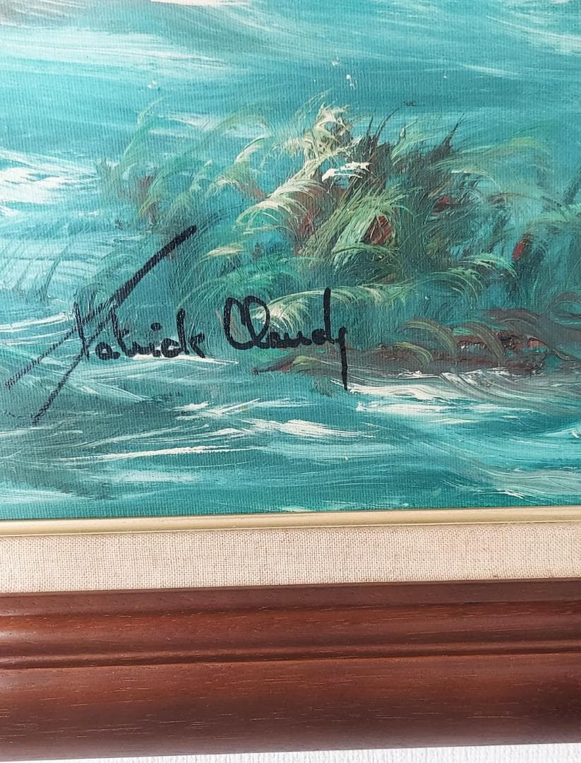 油絵　水辺を駆ける馬群