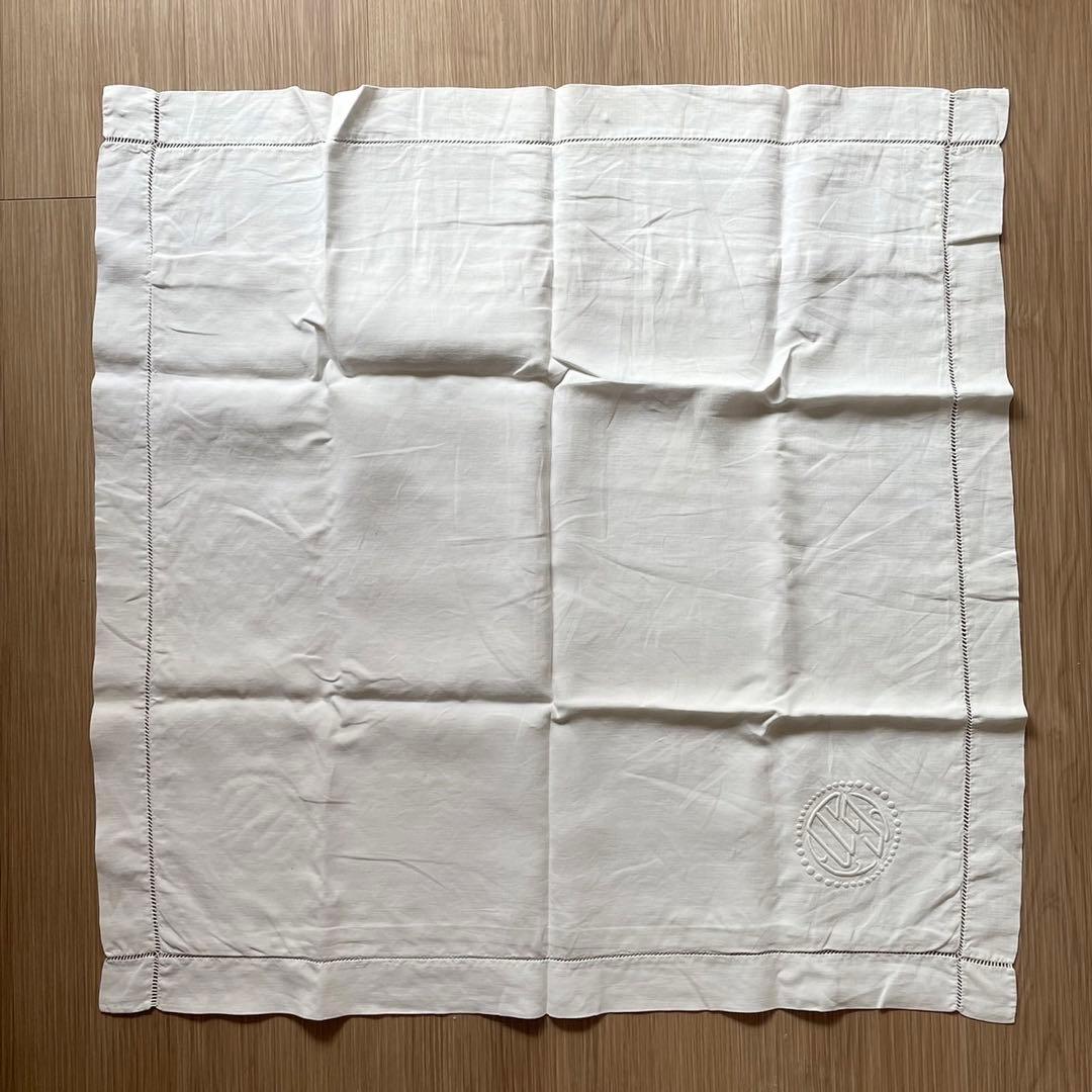 アンティーク レース編みとモノグラム刺繍 クッションカバー アンティークリネン