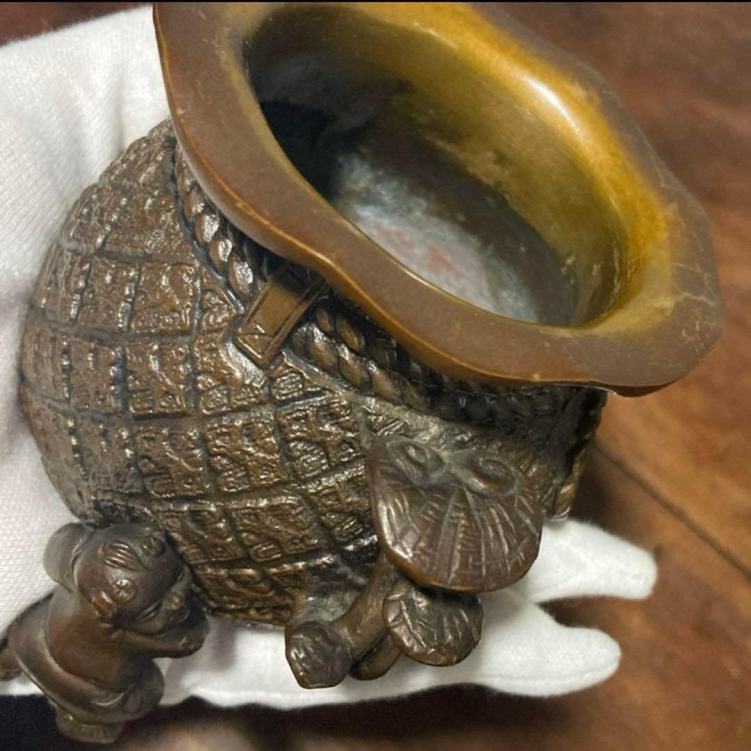 戦前 アンティーク 唐子三足香炉 裏印有り 唐子脚宝袋形香炉