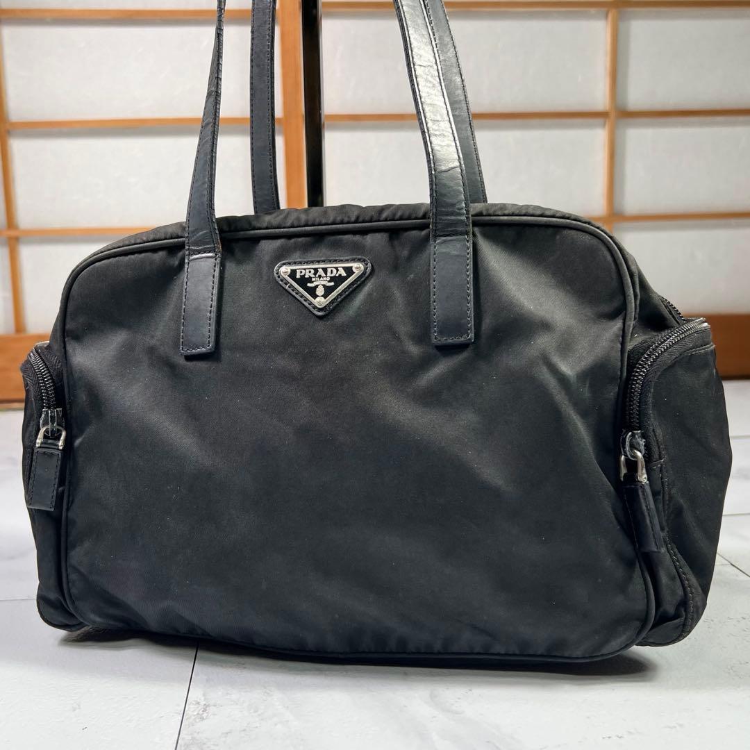 PRADA プラダ 三角ロゴ ナイロン サイドポケット ハンドバッグ ブラック