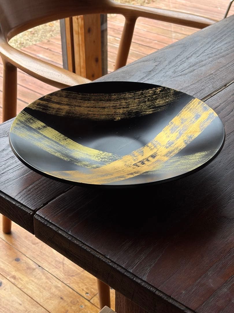 輪島塗漆器⭐︎黒と金のストライプ模様の大皿