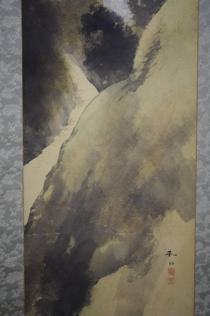 真作/藤井松山/春山古寺/塔山水図/佐藤古岫の桐極箱付/布袋屋掛軸HI-357