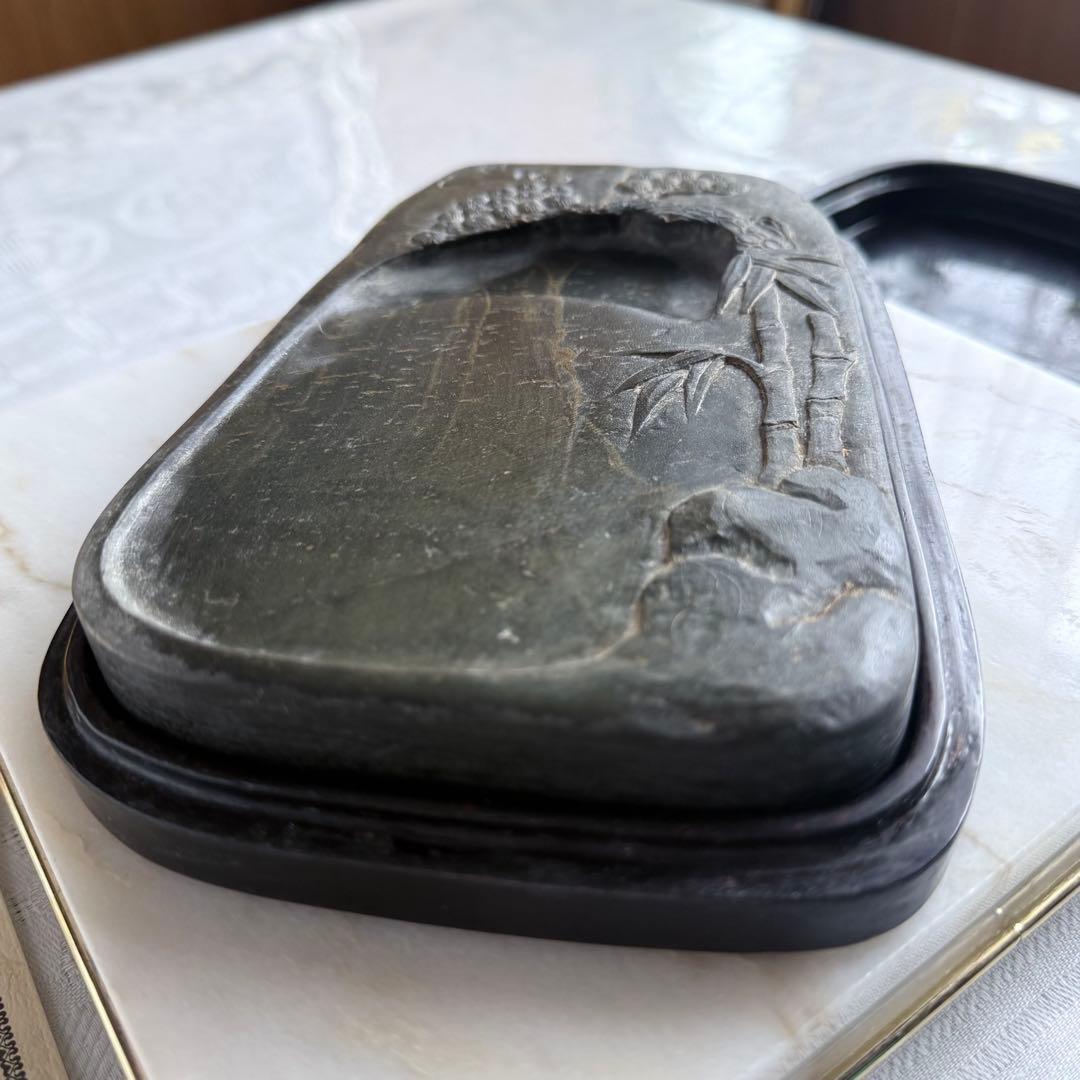 書きぞめに‼️旧家蔵出端渓硯『古松❌瀧　硯』」中國美術　唐木箱と蓋証明書付1点④