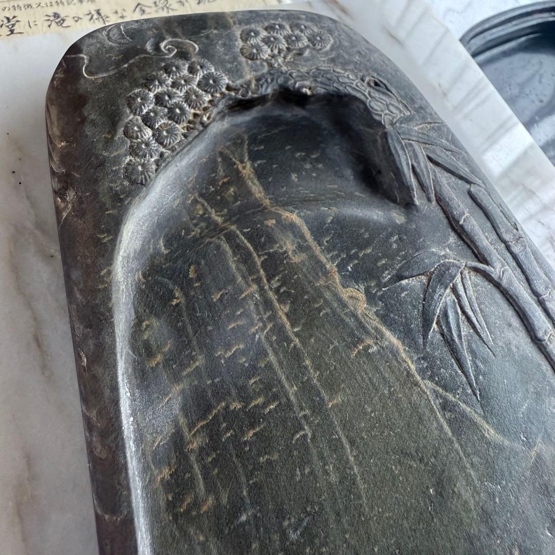 書きぞめに‼️旧家蔵出端渓硯『古松❌瀧　硯』」中國美術　唐木箱と蓋証明書付1点④