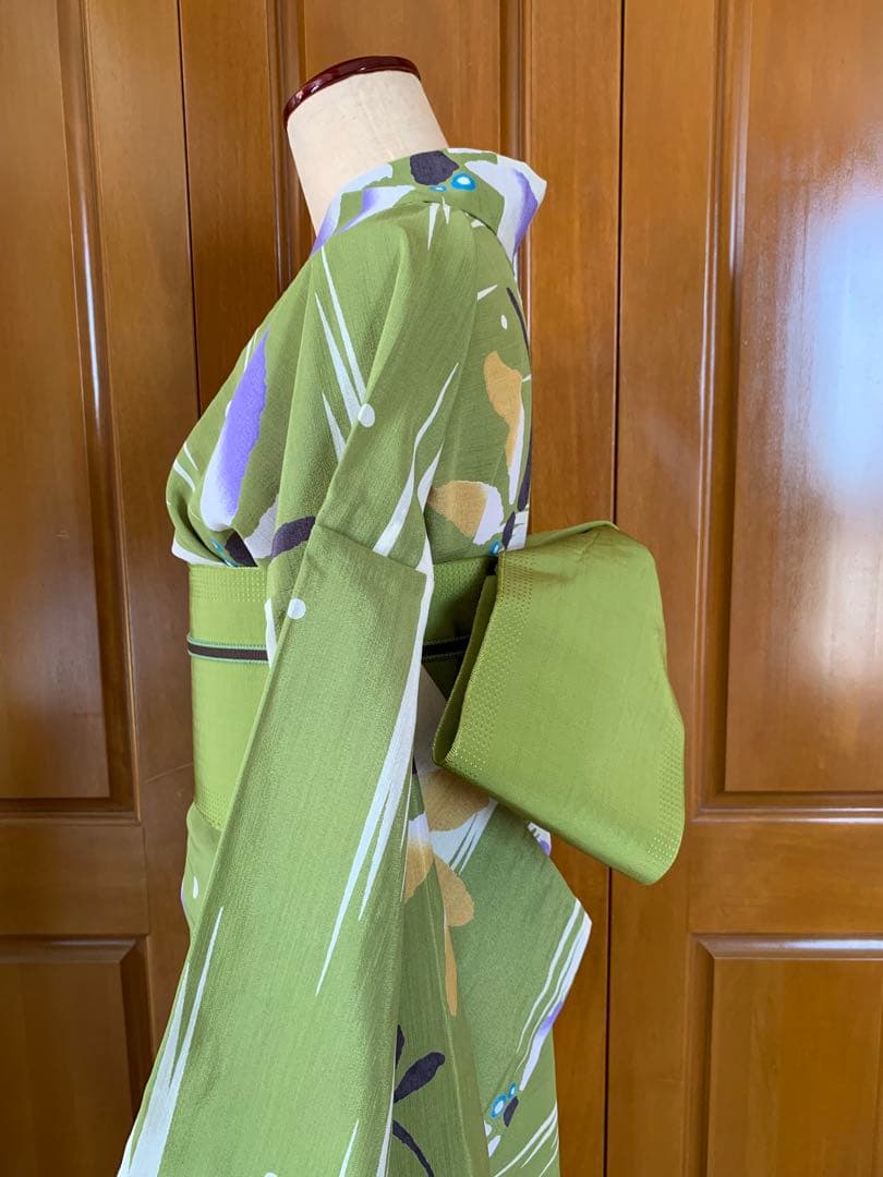 抹茶色にとんぼの柄の浴衣　夏着物と半幅帯真田紐　高級ポリエステル素材