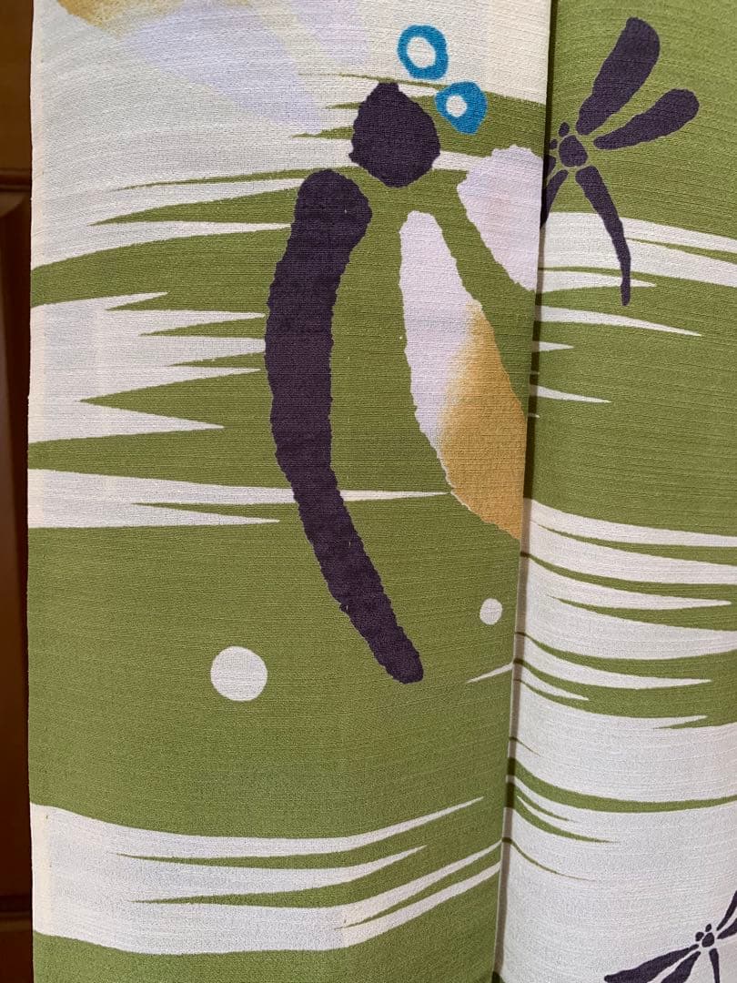 抹茶色にとんぼの柄の浴衣　夏着物と半幅帯真田紐　高級ポリエステル素材