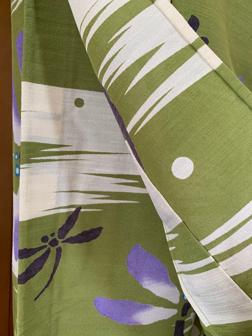 抹茶色にとんぼの柄の浴衣　夏着物と半幅帯真田紐　高級ポリエステル素材