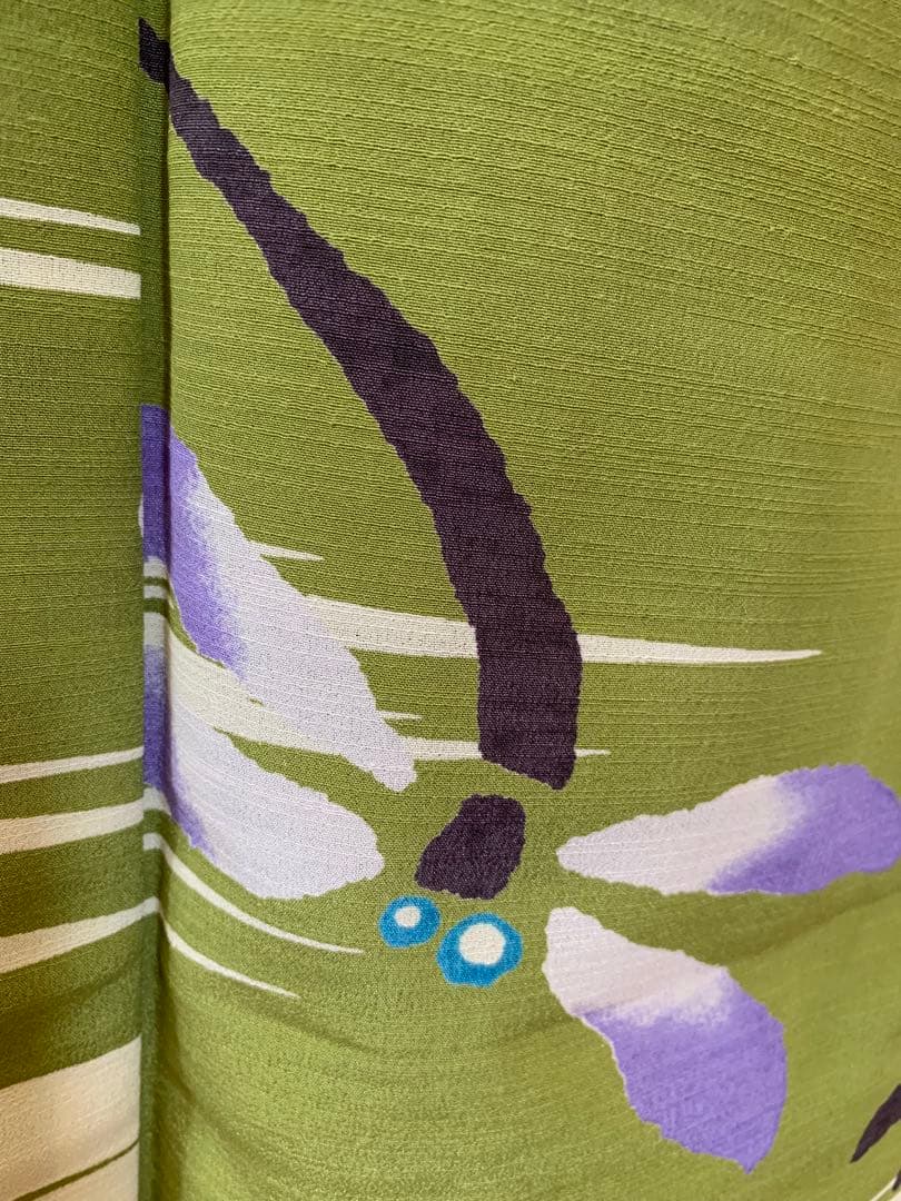 抹茶色にとんぼの柄の浴衣　夏着物と半幅帯真田紐　高級ポリエステル素材