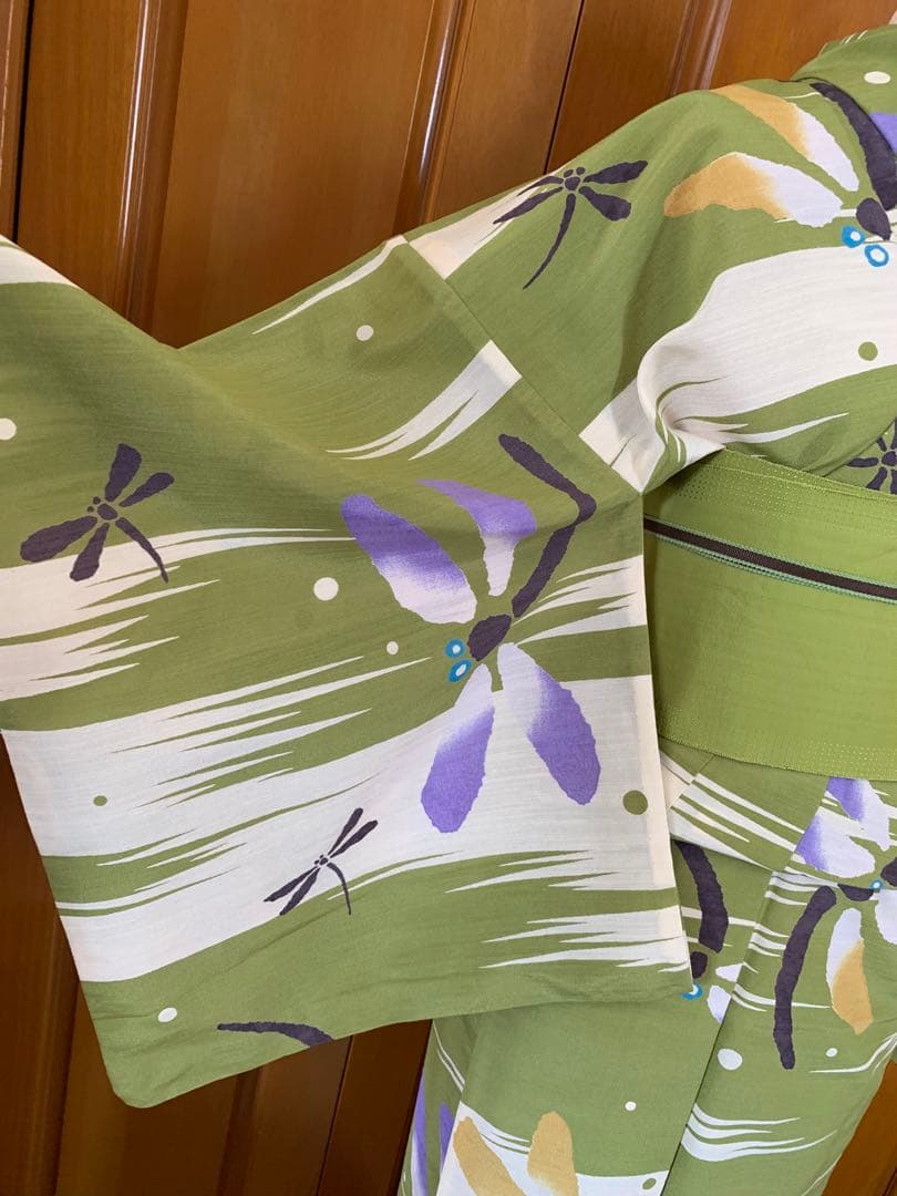 抹茶色にとんぼの柄の浴衣　夏着物と半幅帯真田紐　高級ポリエステル素材