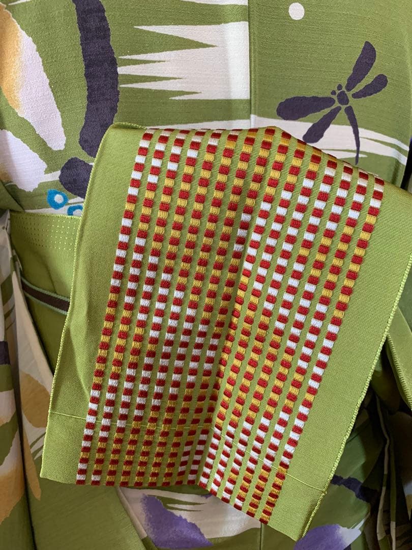 抹茶色にとんぼの柄の浴衣　夏着物と半幅帯真田紐　高級ポリエステル素材