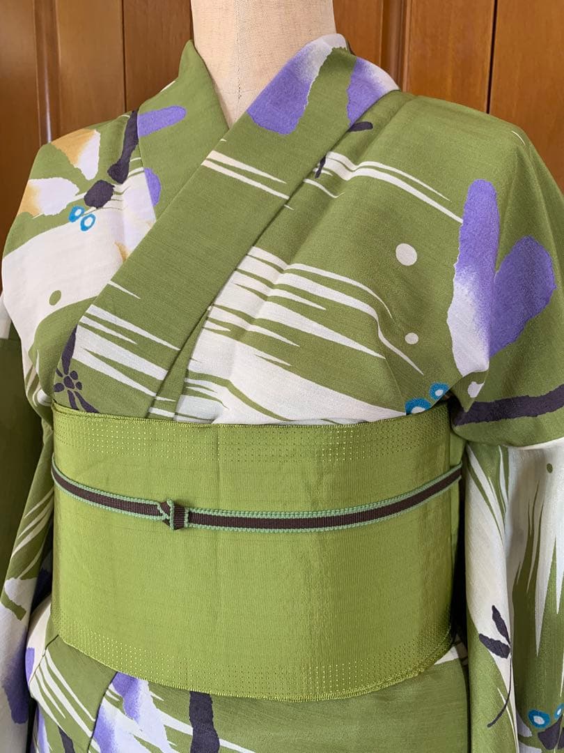 抹茶色にとんぼの柄の浴衣　夏着物と半幅帯真田紐　高級ポリエステル素材