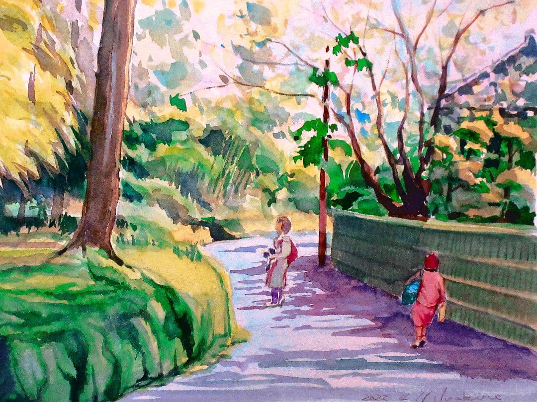 鎌倉散歩 水彩画 額装付き 原画 F6サイズ